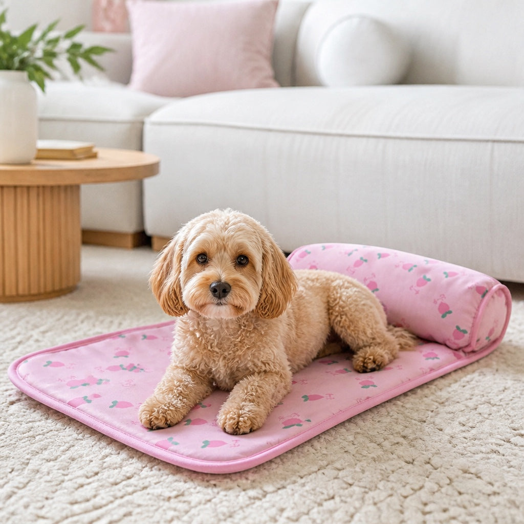 Tapis rafraîchissant soie glacée avec coussin nuque et motif avocat, dos antidérapant