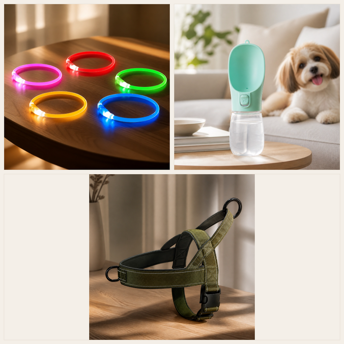 Kit Promenade — Harnais + Collier LED + Gourde 550 ml